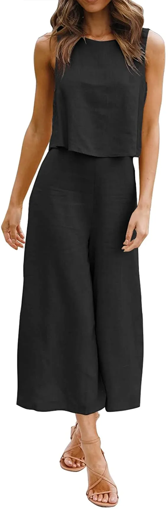 Burgundy Women's Summer 2 Piece Outfits Round Neck Crop Basic Top Cropped Wide Leg Pants Set Jumpsuits - ROYLAMP