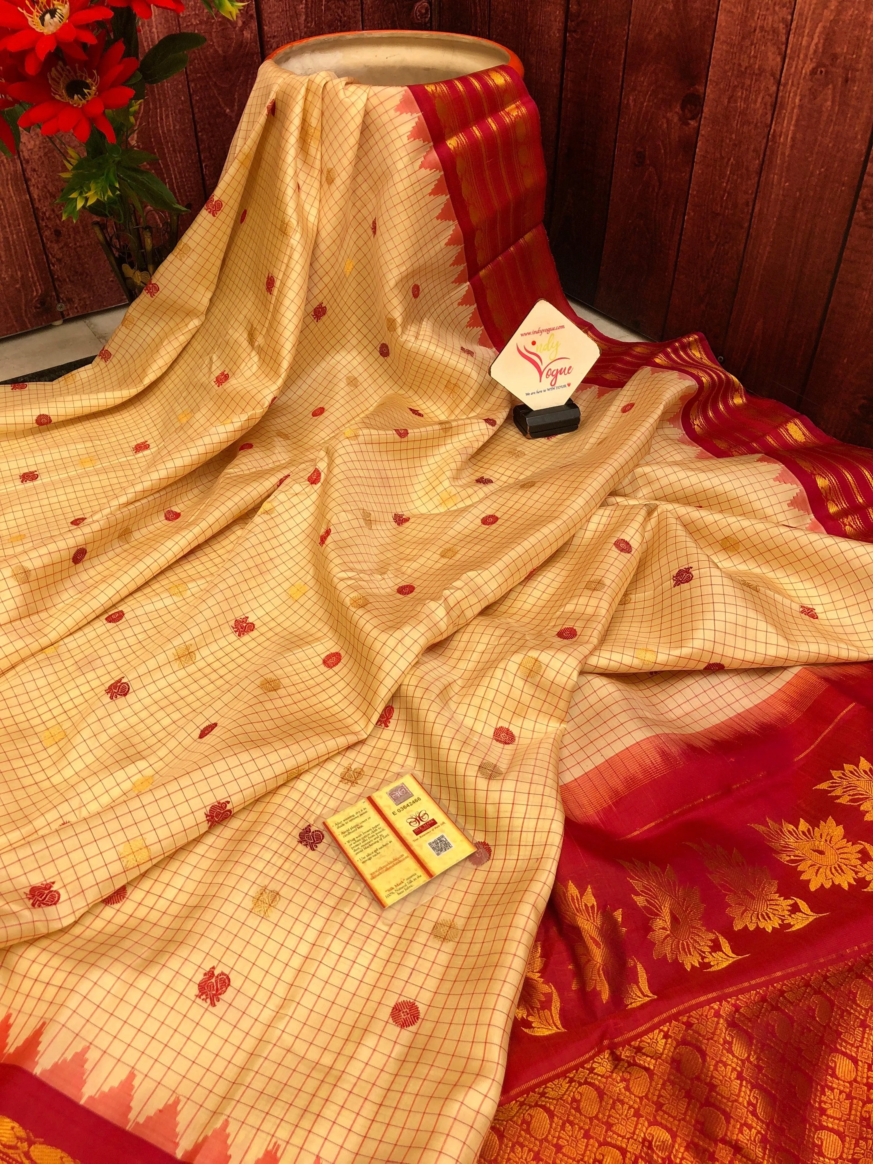 Butter and Red Color Pure Gadwal Silk Saree