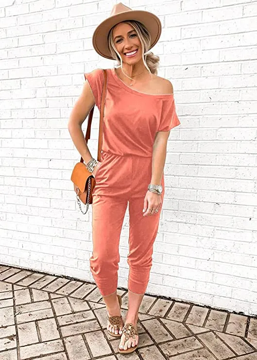 Camouflage Women's Loose Solid Off Shoulder Elastic Waist Stretchy Long Romper Jumpsuit - PRETTYGARDEN