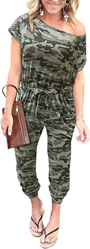 Camouflage Women's Loose Solid Off Shoulder Elastic Waist Stretchy Long Romper Jumpsuit - PRETTYGARDEN
