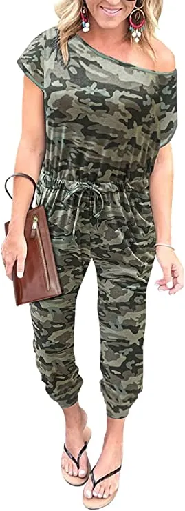 Camouflage Women's Loose Solid Off Shoulder Elastic Waist Stretchy Long Romper Jumpsuit - PRETTYGARDEN