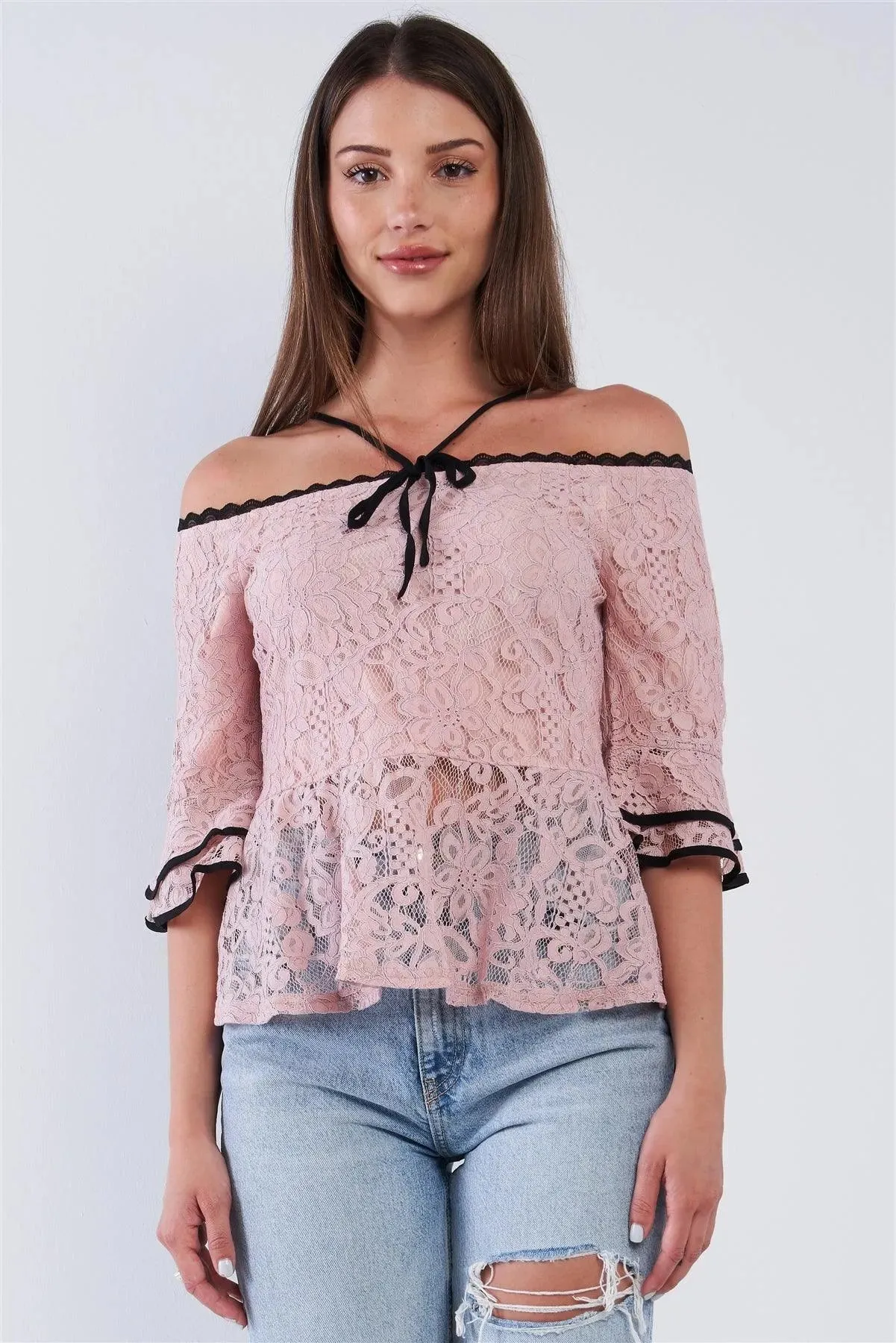 Dusty Pink Off The Shoulder Cropped Lace Midi Sleeve Peplum Top /2-2-2