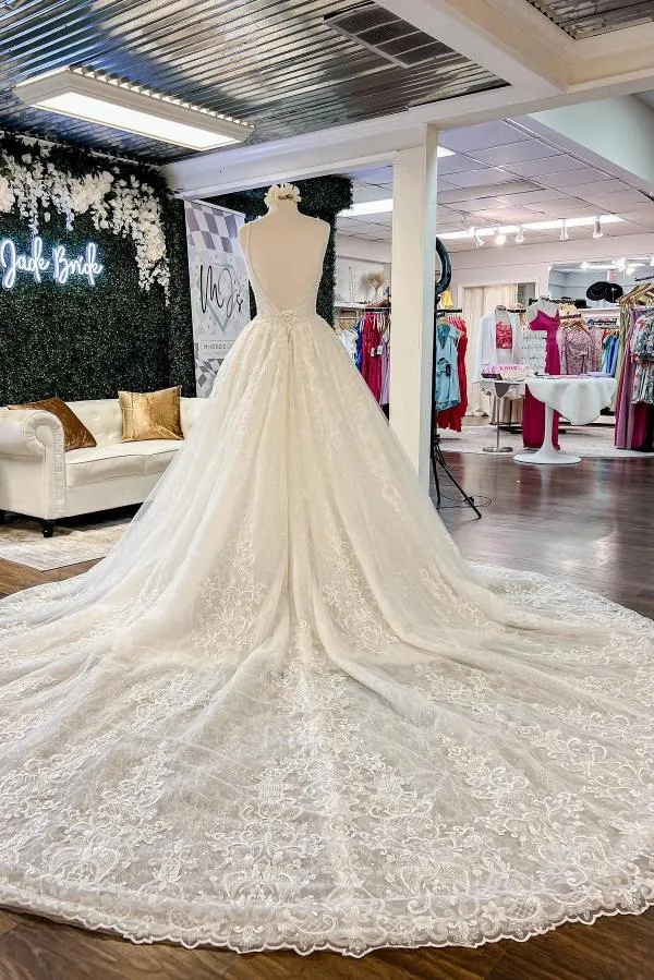 Elegant Long A-line V-neck Floral Lace Open Back Wedding Dresses