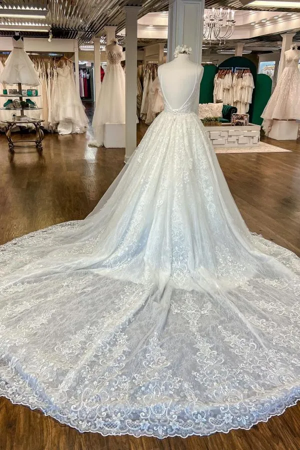 Elegant Long A-line V-neck Floral Lace Open Back Wedding Dresses