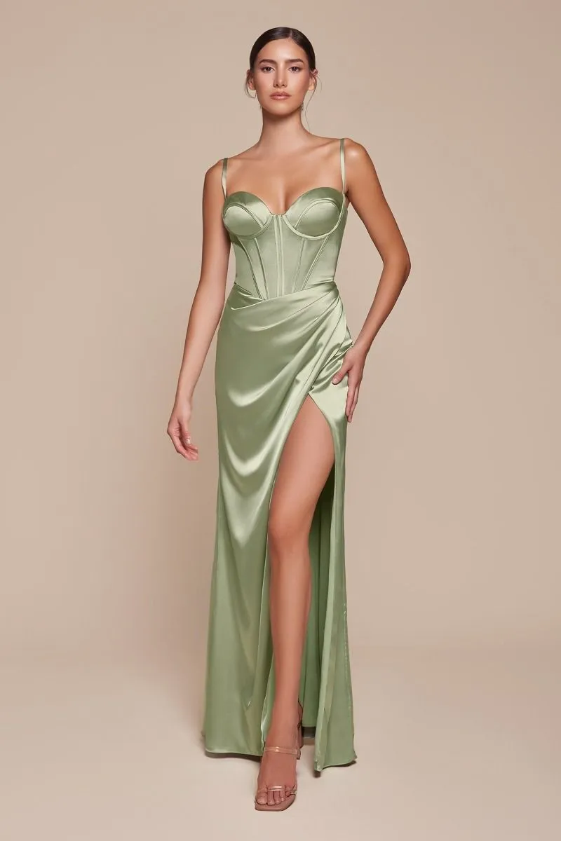 Fitted Satin Bustier Draped Gown