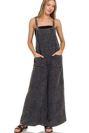 Flowy Gauze Wide Leg Overalls - Ash Black