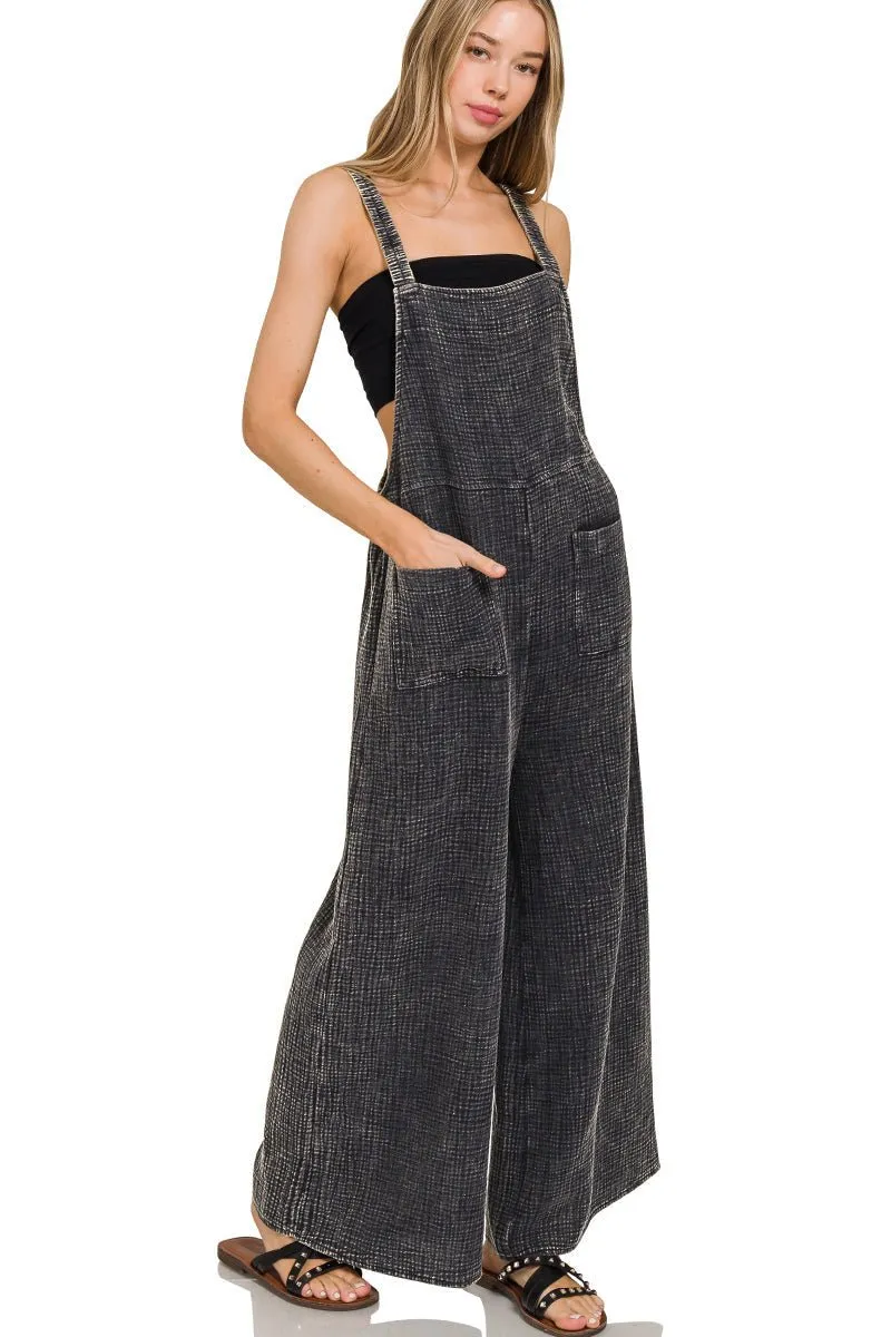 Flowy Gauze Wide Leg Overalls - Ash Black