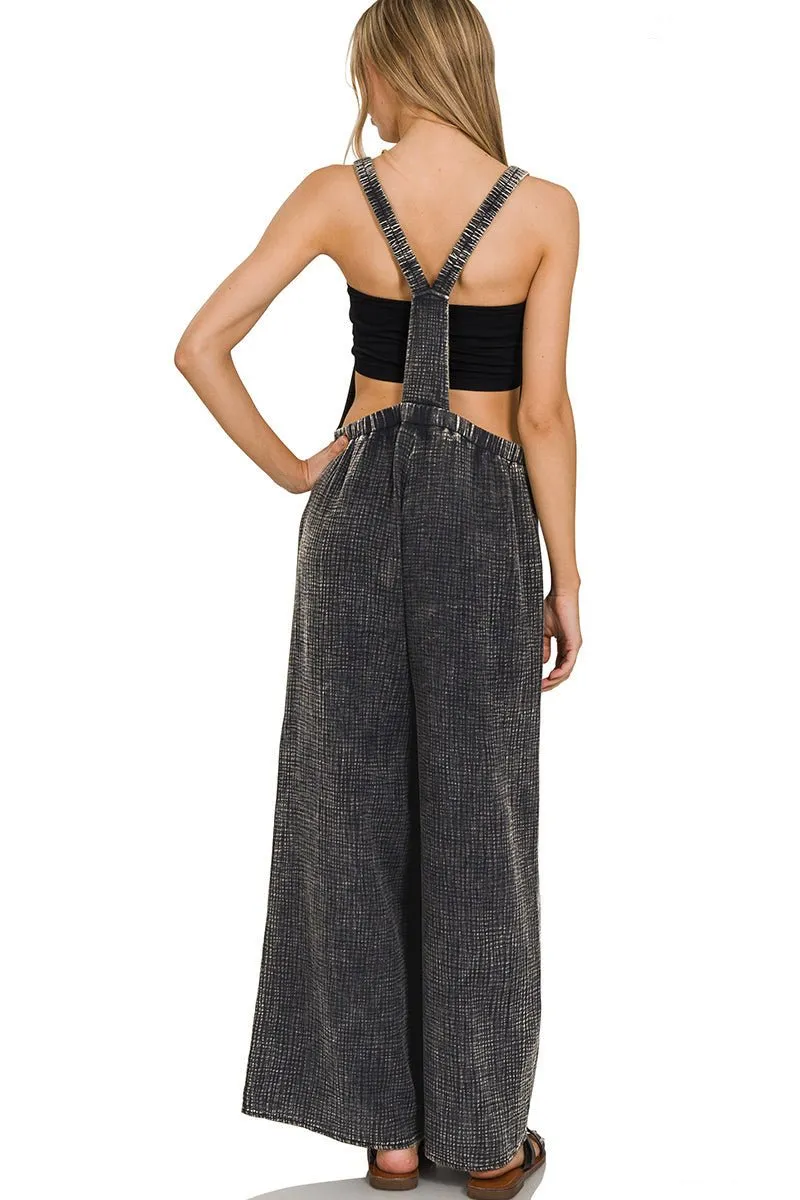 Flowy Gauze Wide Leg Overalls - Ash Black