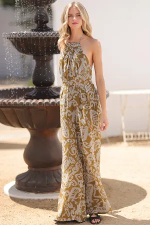 Golden Olive/Blue Halter Backless Tie Back Waisted Jumpsuit