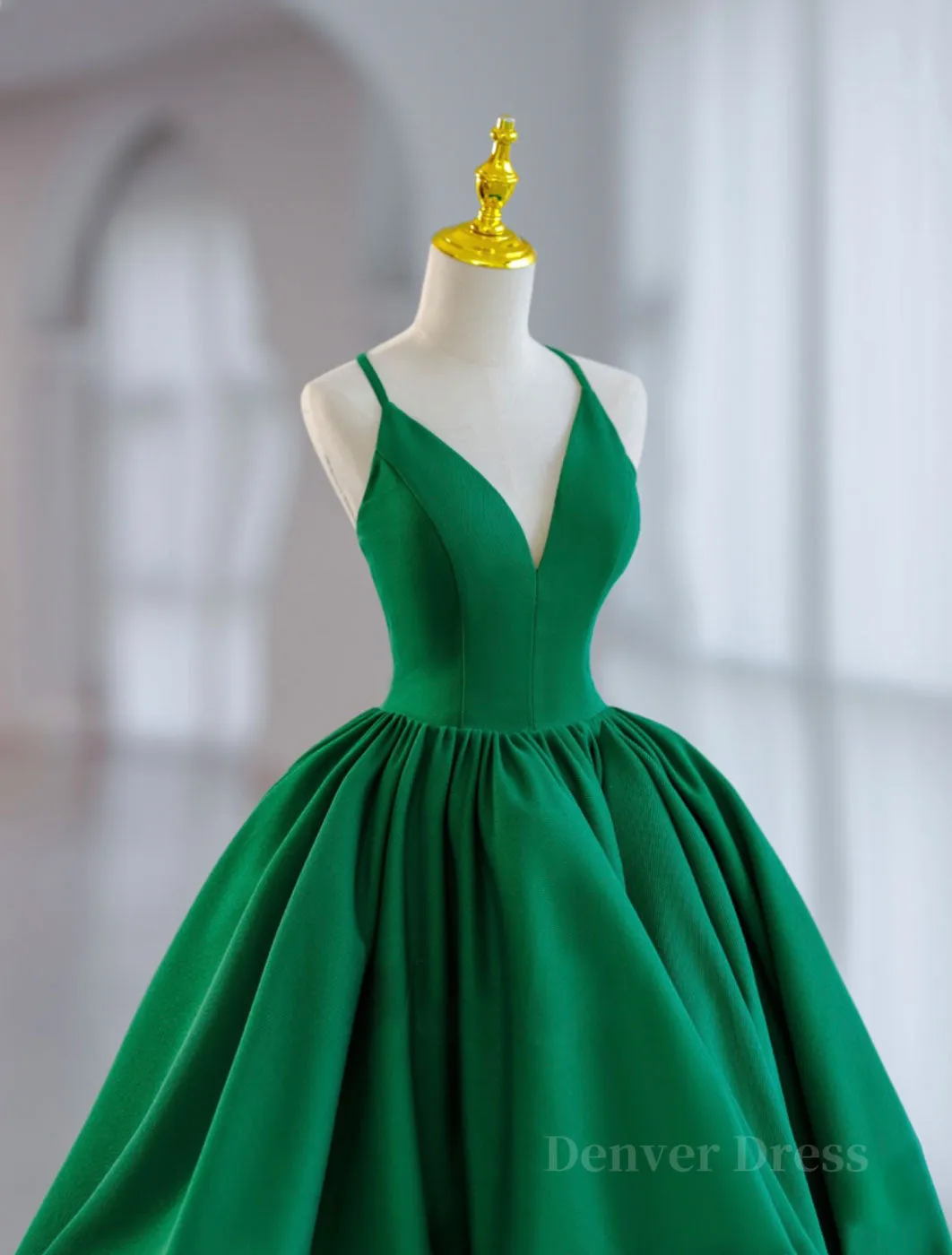 Green Ball Gown Satin Short Prom Dress Green Satin Evening Dress