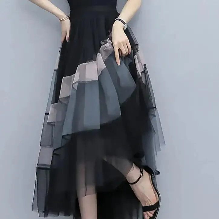 High-Waist Patchwork Tulle Midi Skirt
