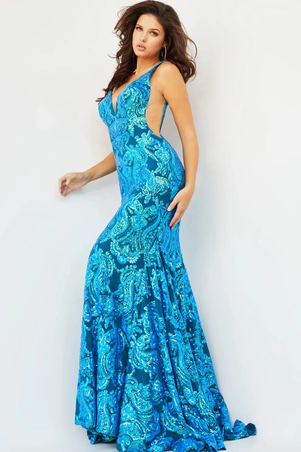 Jovani 08646 Long Iridescent Sequin Fitted Sequin Backless Mermaid Formal Prom Dress Pageant