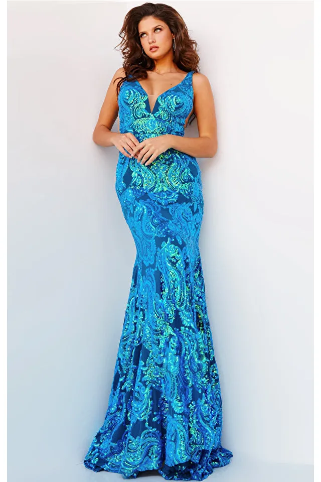 Jovani 08646 Long Iridescent Sequin Fitted Sequin Backless Mermaid Formal Prom Dress Pageant