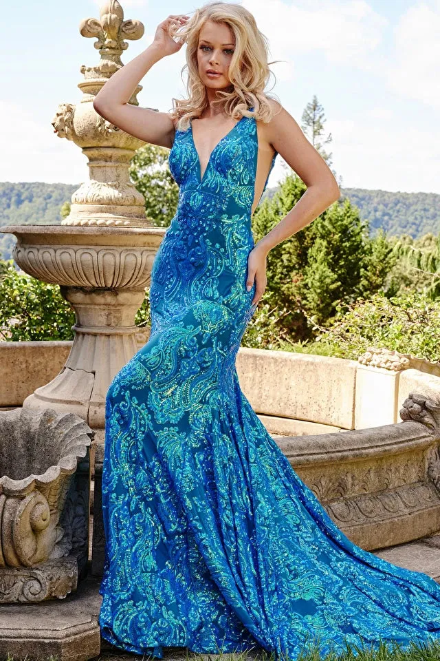 Jovani 08646 Long Iridescent Sequin Fitted Sequin Backless Mermaid Formal Prom Dress Pageant