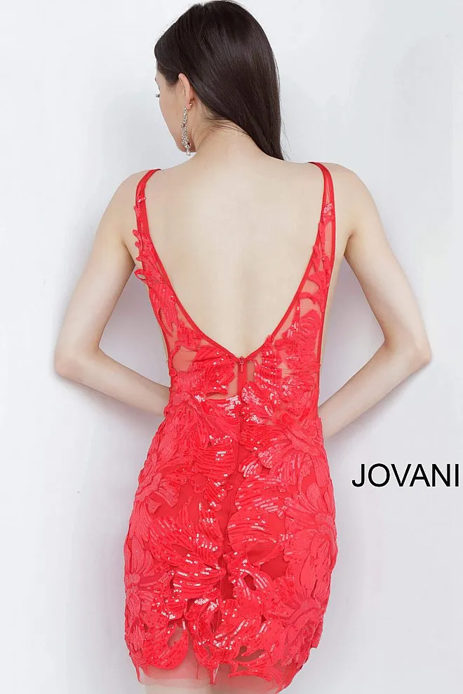 Jovani 4552 Short V-Neck Fitted Sequin Cocktail Dress Sheer Sequin Lace