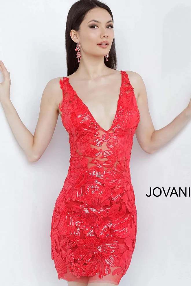Jovani 4552 Short V-Neck Fitted Sequin Cocktail Dress Sheer Sequin Lace