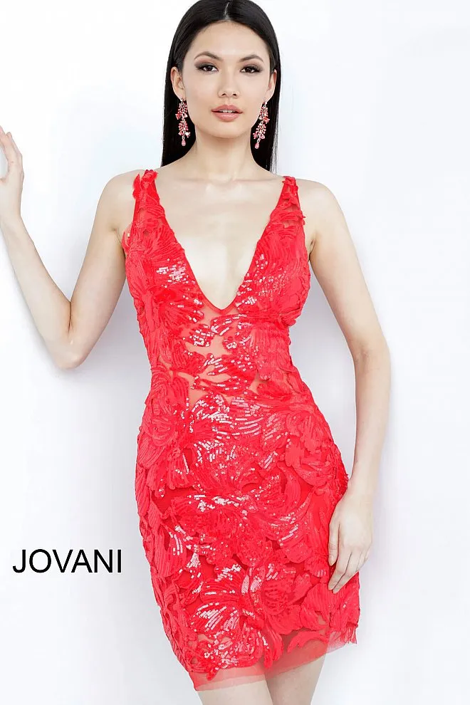 Jovani 4552 Short V-Neck Fitted Sequin Cocktail Dress Sheer Sequin Lace