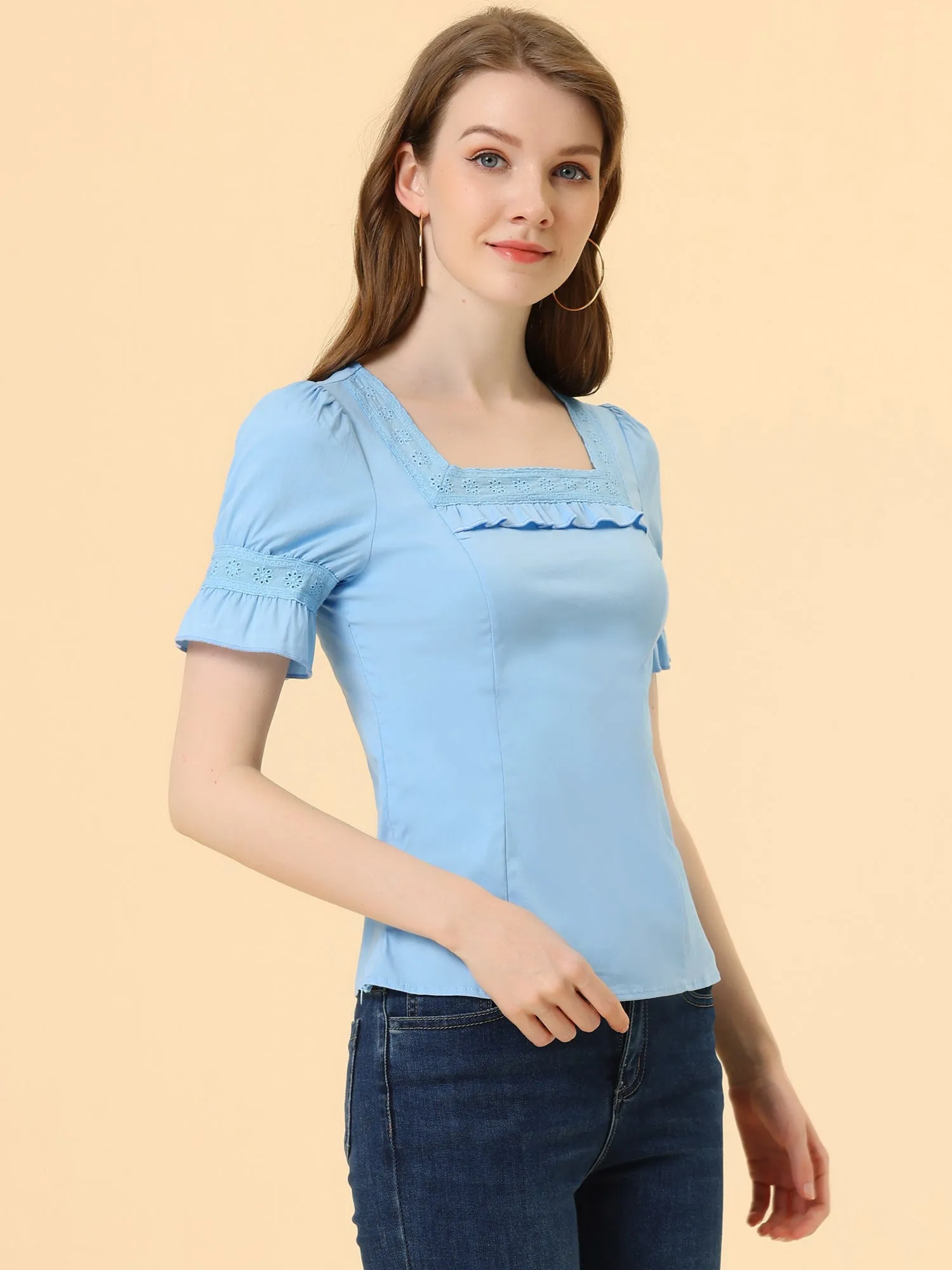 Lace Crochet Blouse Ruffle Puff Short Sleeve Square Neck Top