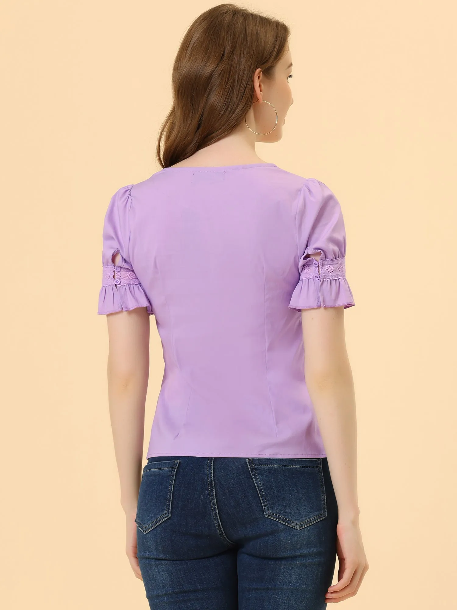 Lace Crochet Blouse Ruffle Puff Short Sleeve Square Neck Top