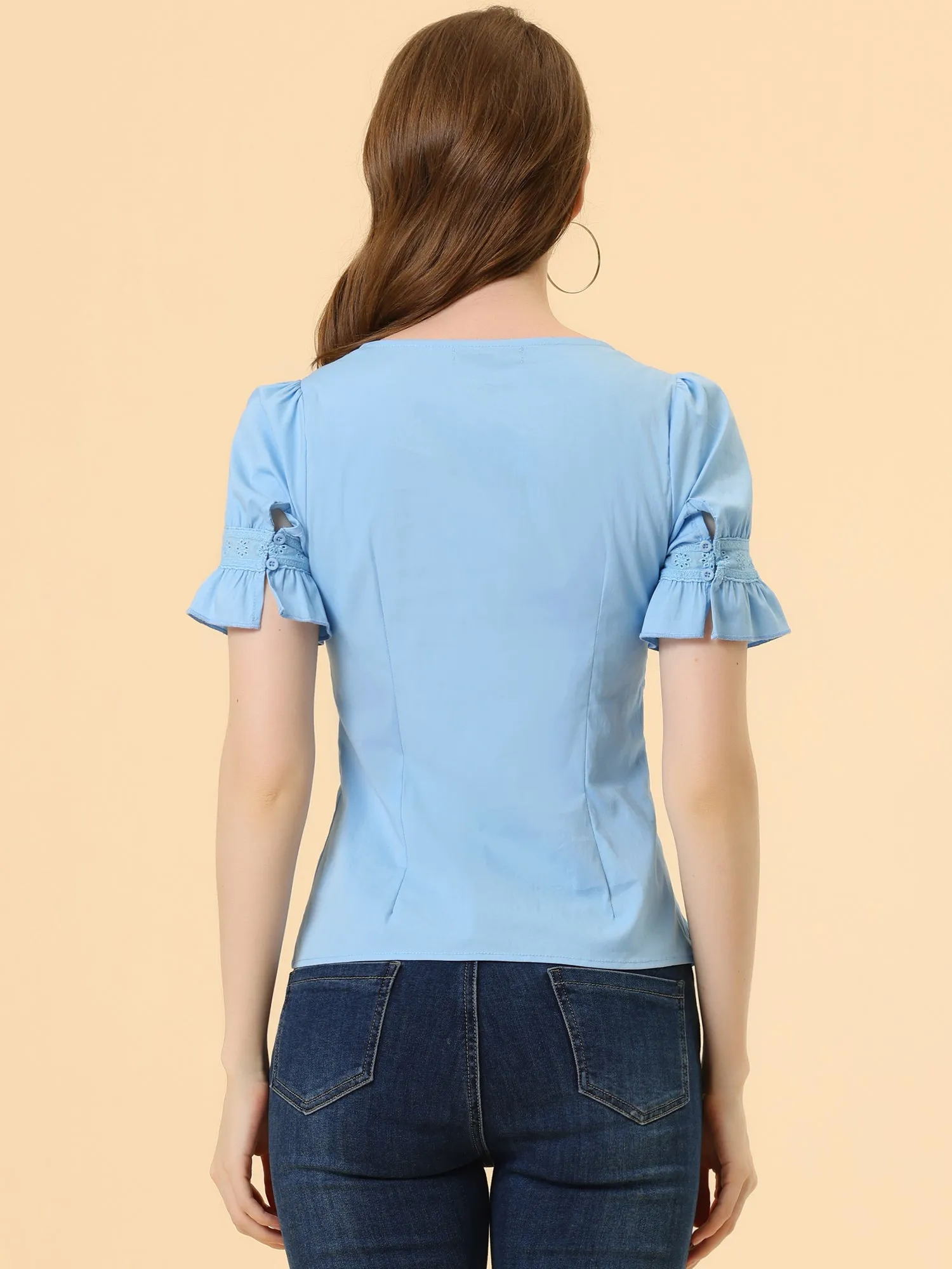 Lace Crochet Blouse Ruffle Puff Short Sleeve Square Neck Top