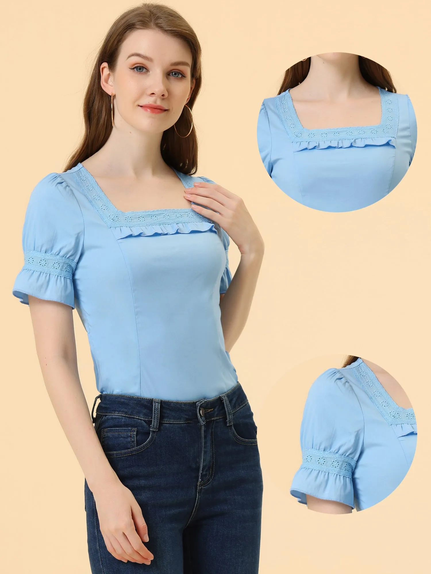 Lace Crochet Blouse Ruffle Puff Short Sleeve Square Neck Top