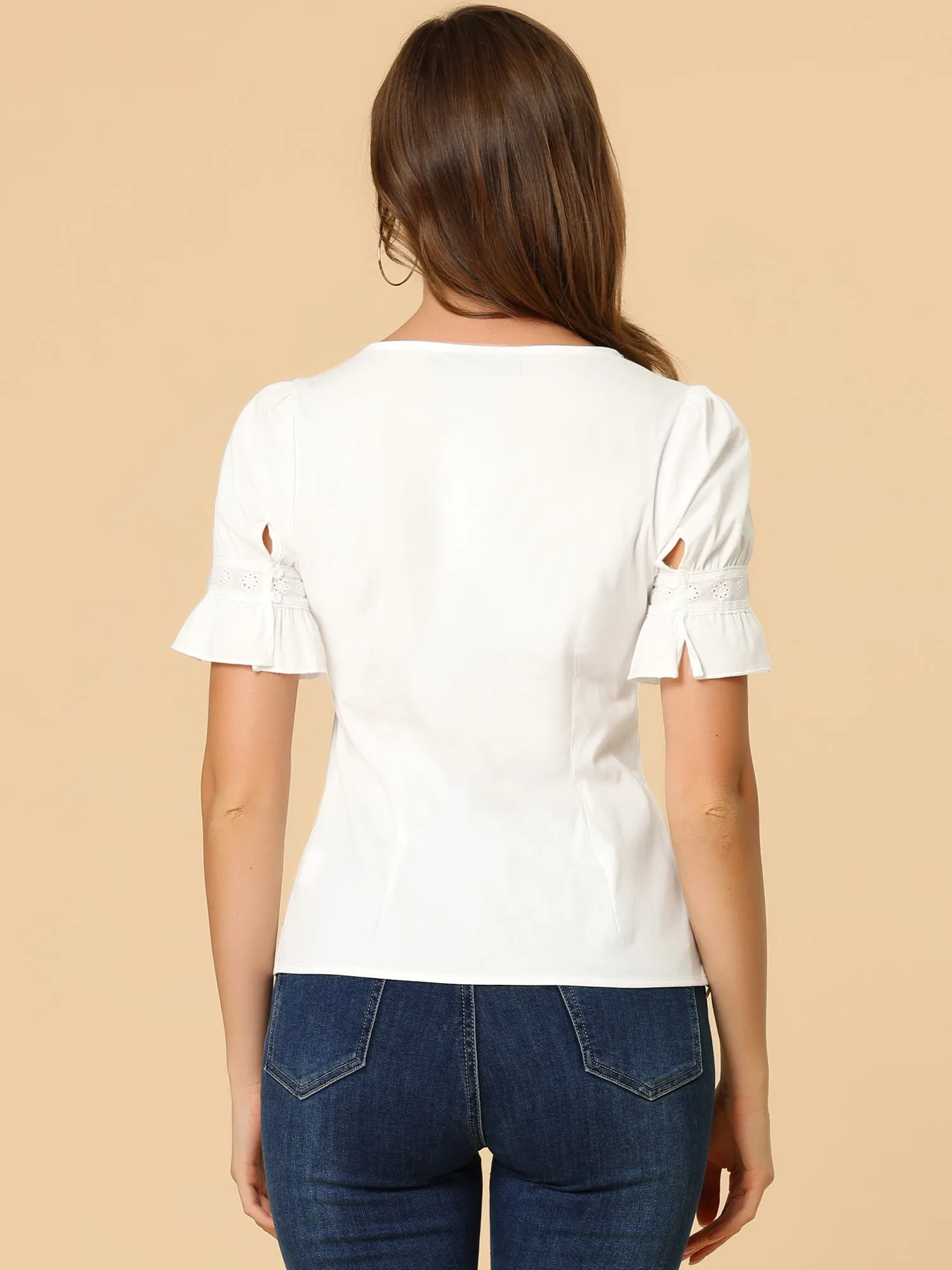 Lace Crochet Blouse Ruffle Puff Short Sleeve Square Neck Top