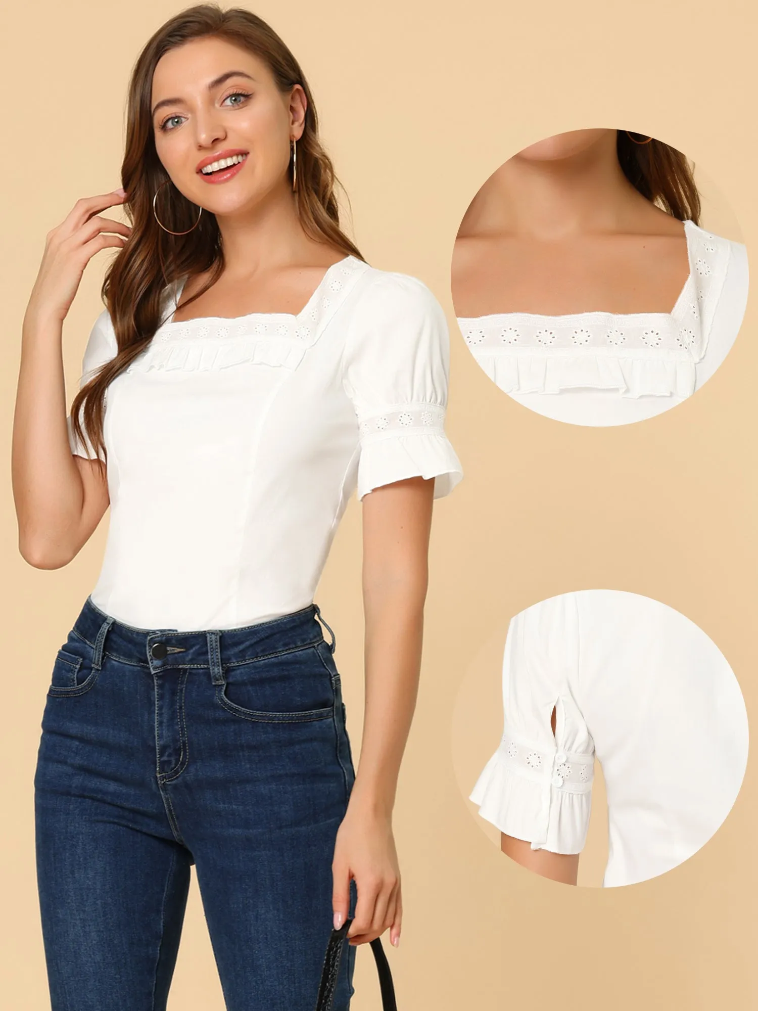 Lace Crochet Blouse Ruffle Puff Short Sleeve Square Neck Top