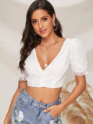 Lace Cuff Puff Sleeve Crop Blouse