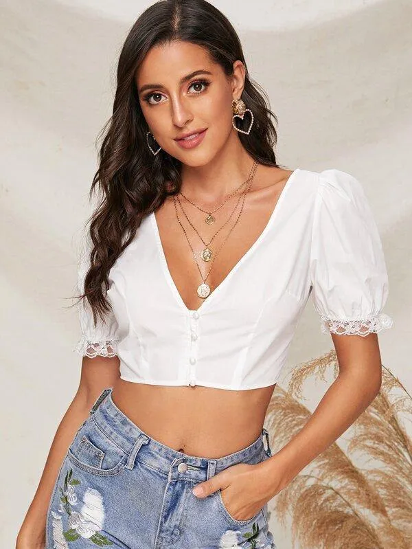 Lace Cuff Puff Sleeve Crop Blouse