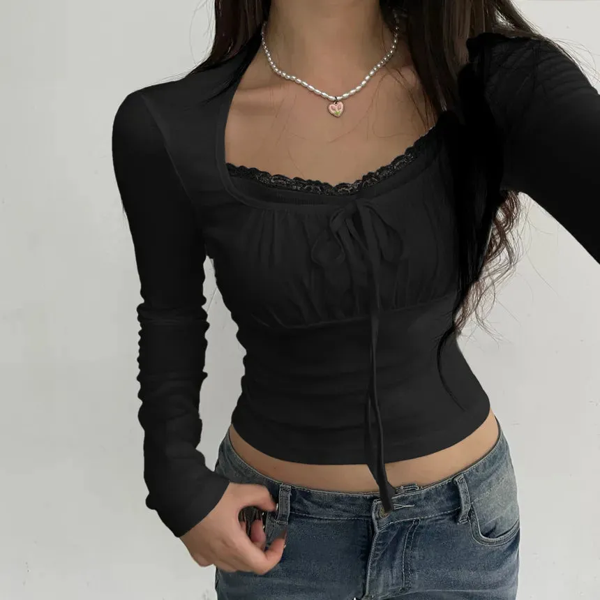 LONG SLEEVE SQUARE-NECK LACE-TRIM RUCHED PLAIN SLIM-FIT CROP TOP