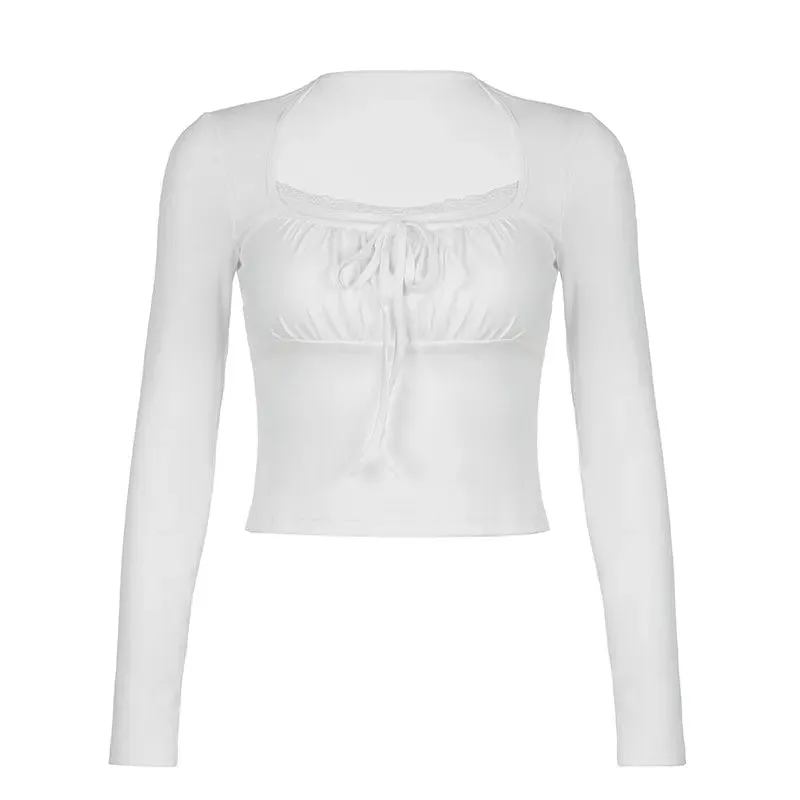LONG SLEEVE SQUARE-NECK LACE-TRIM RUCHED PLAIN SLIM-FIT CROP TOP