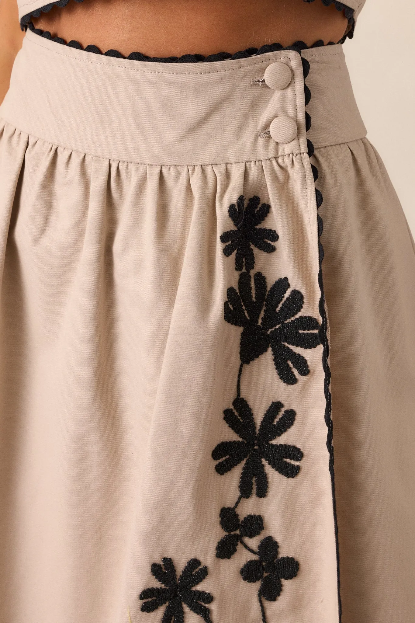 Lovely Blooms Taupe Embroidered Floral Midi Skirt