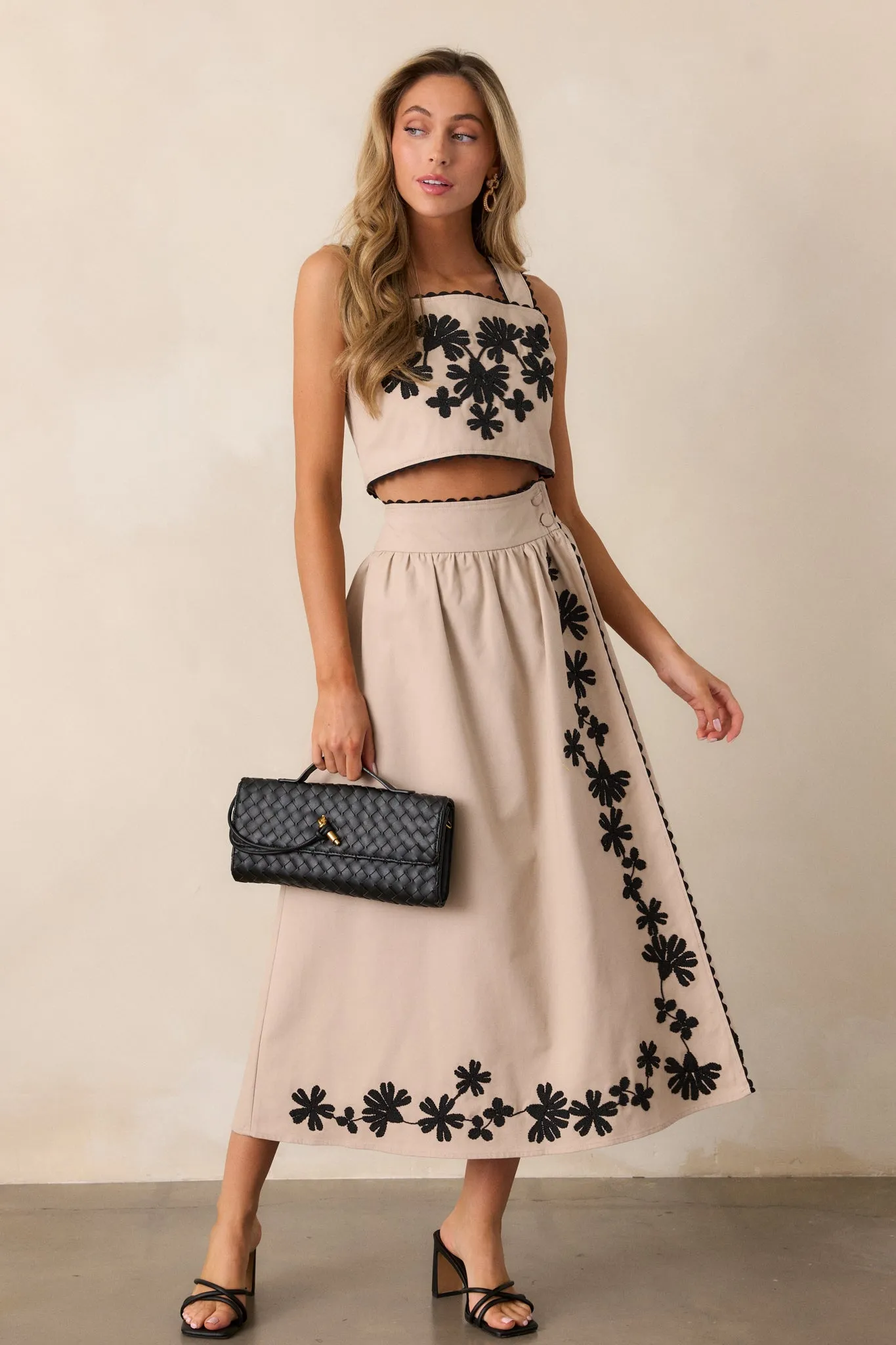 Lovely Blooms Taupe Embroidered Floral Midi Skirt