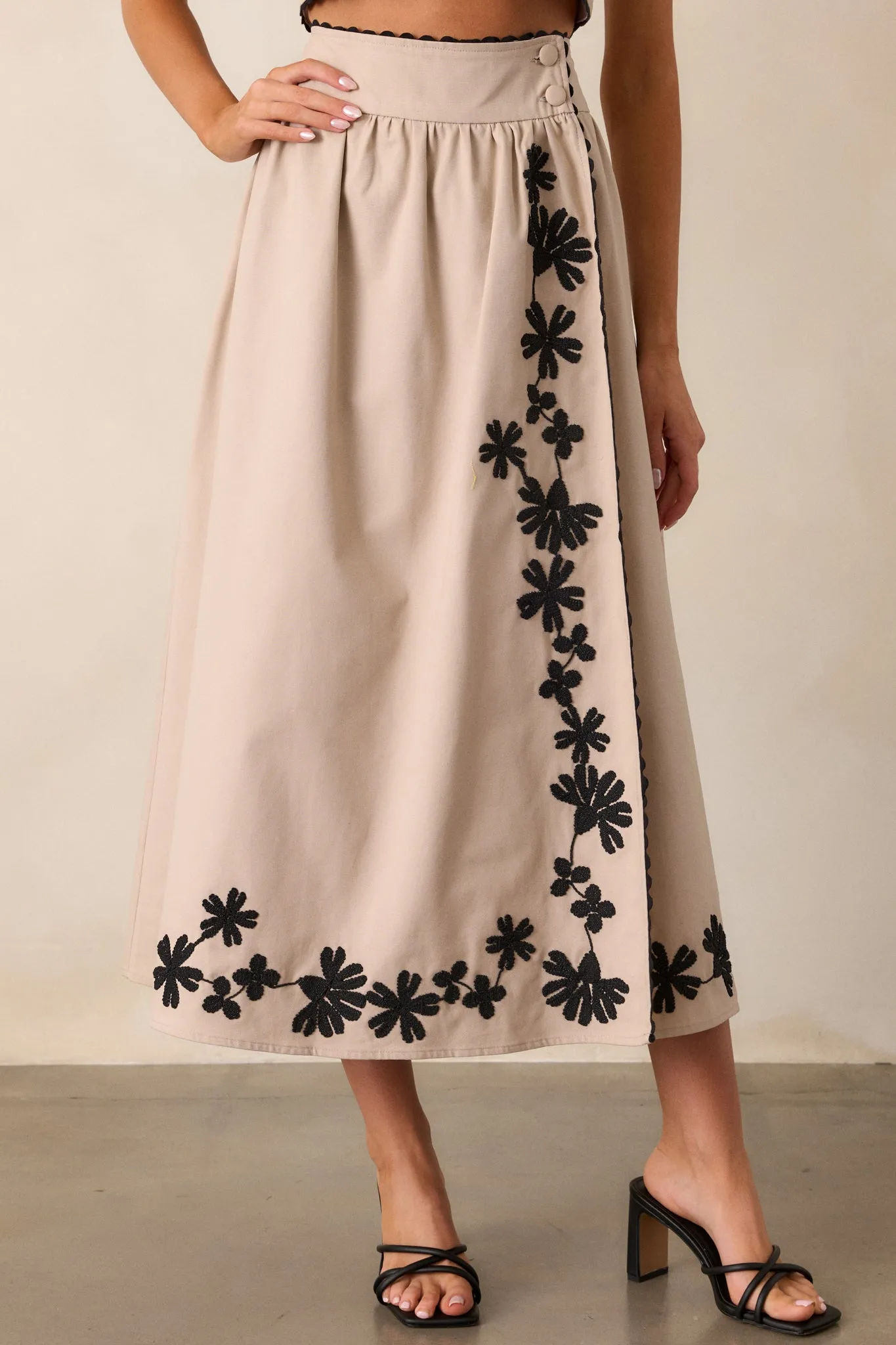 Lovely Blooms Taupe Embroidered Floral Midi Skirt