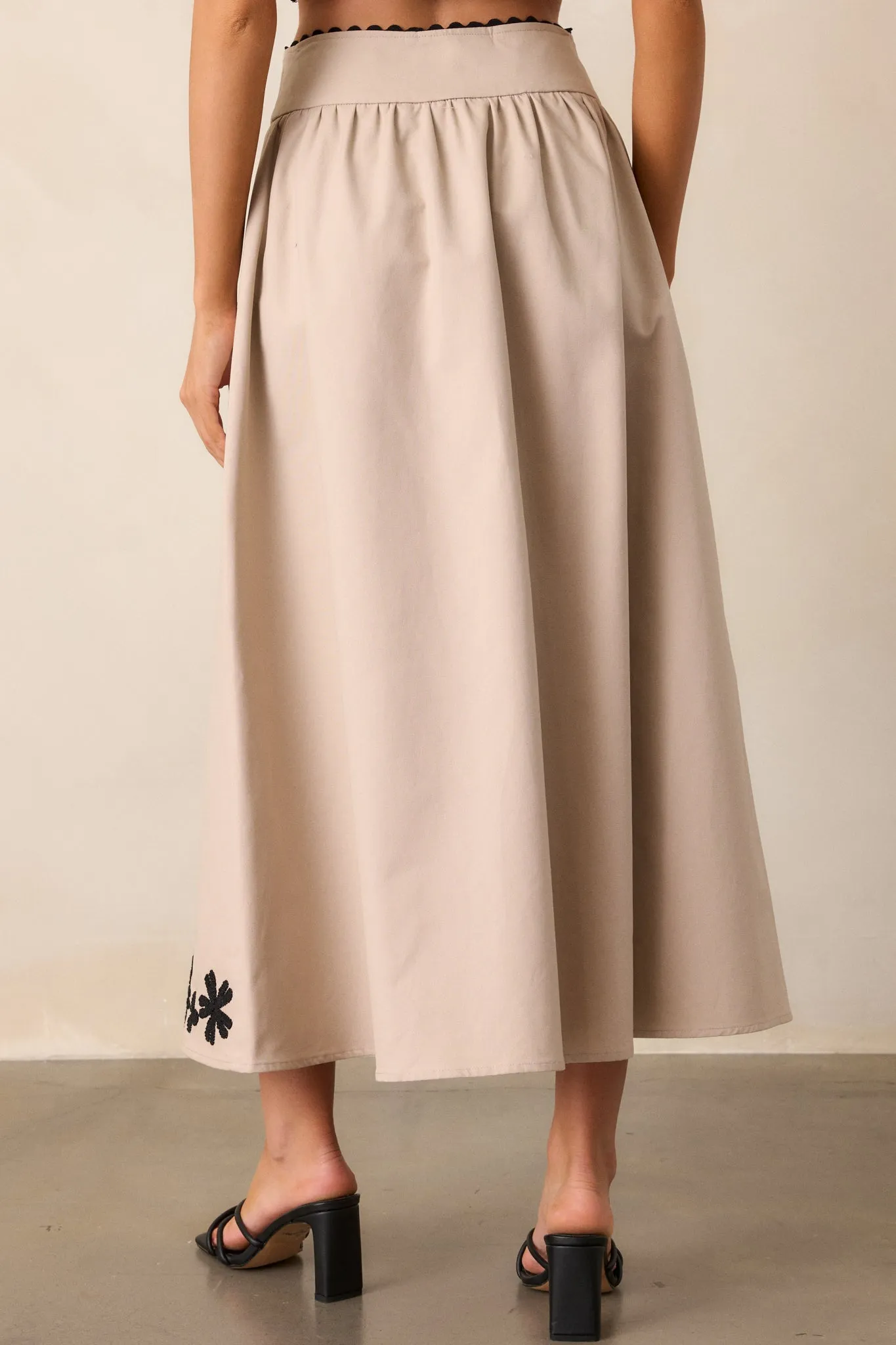 Lovely Blooms Taupe Embroidered Floral Midi Skirt