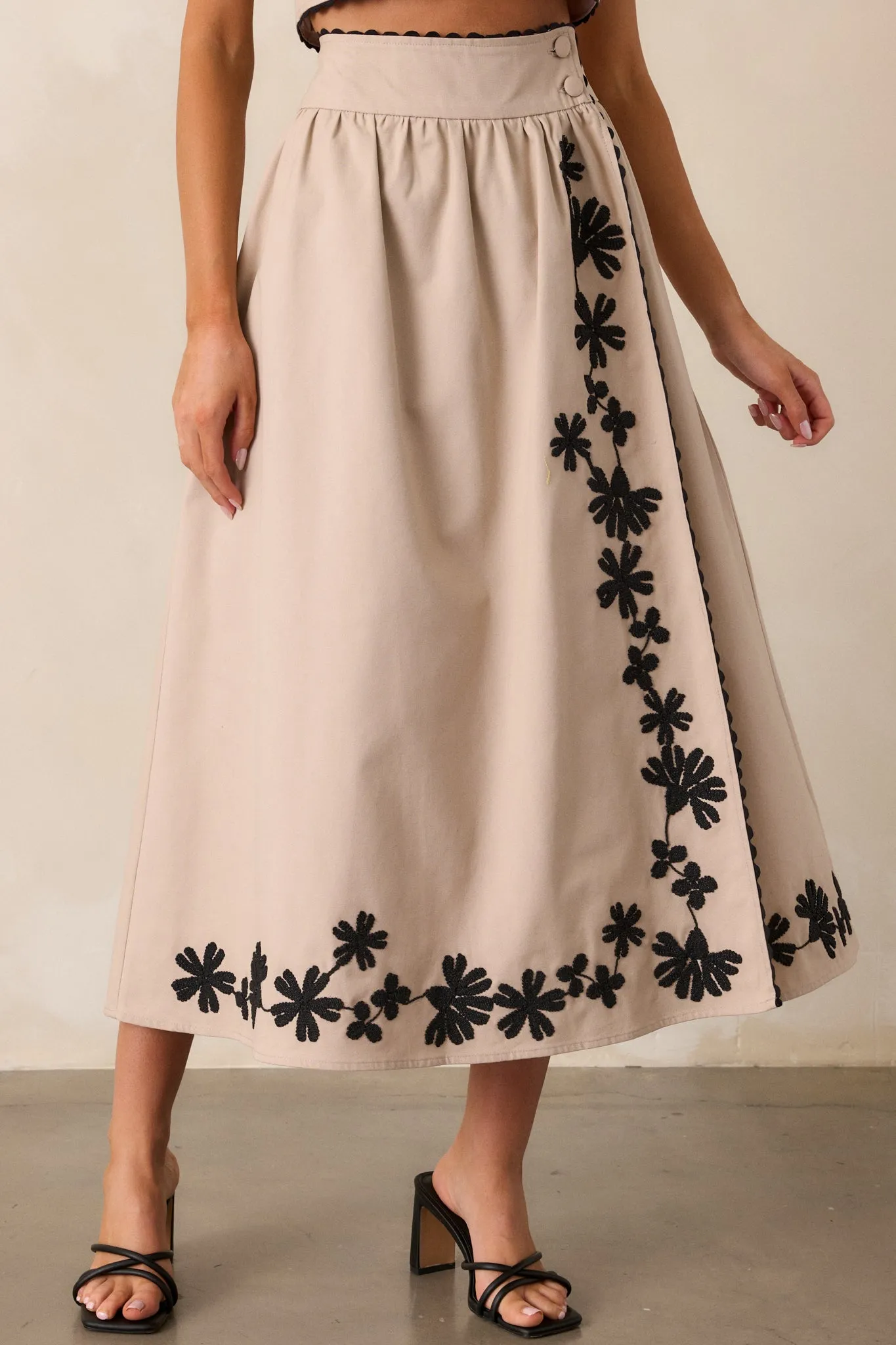 Lovely Blooms Taupe Embroidered Floral Midi Skirt