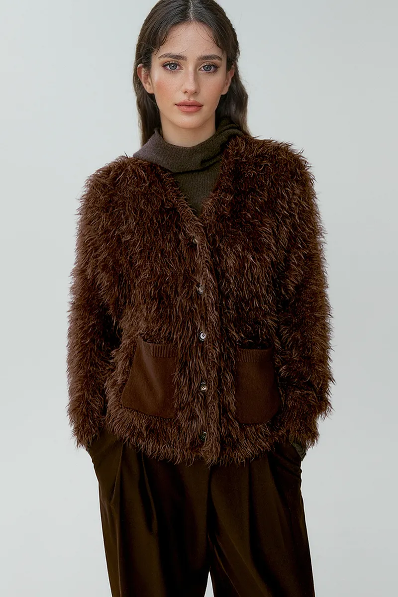 Luxe Fluffy Italian Pool Filati Yarn Knit Faux Fur Cardigan