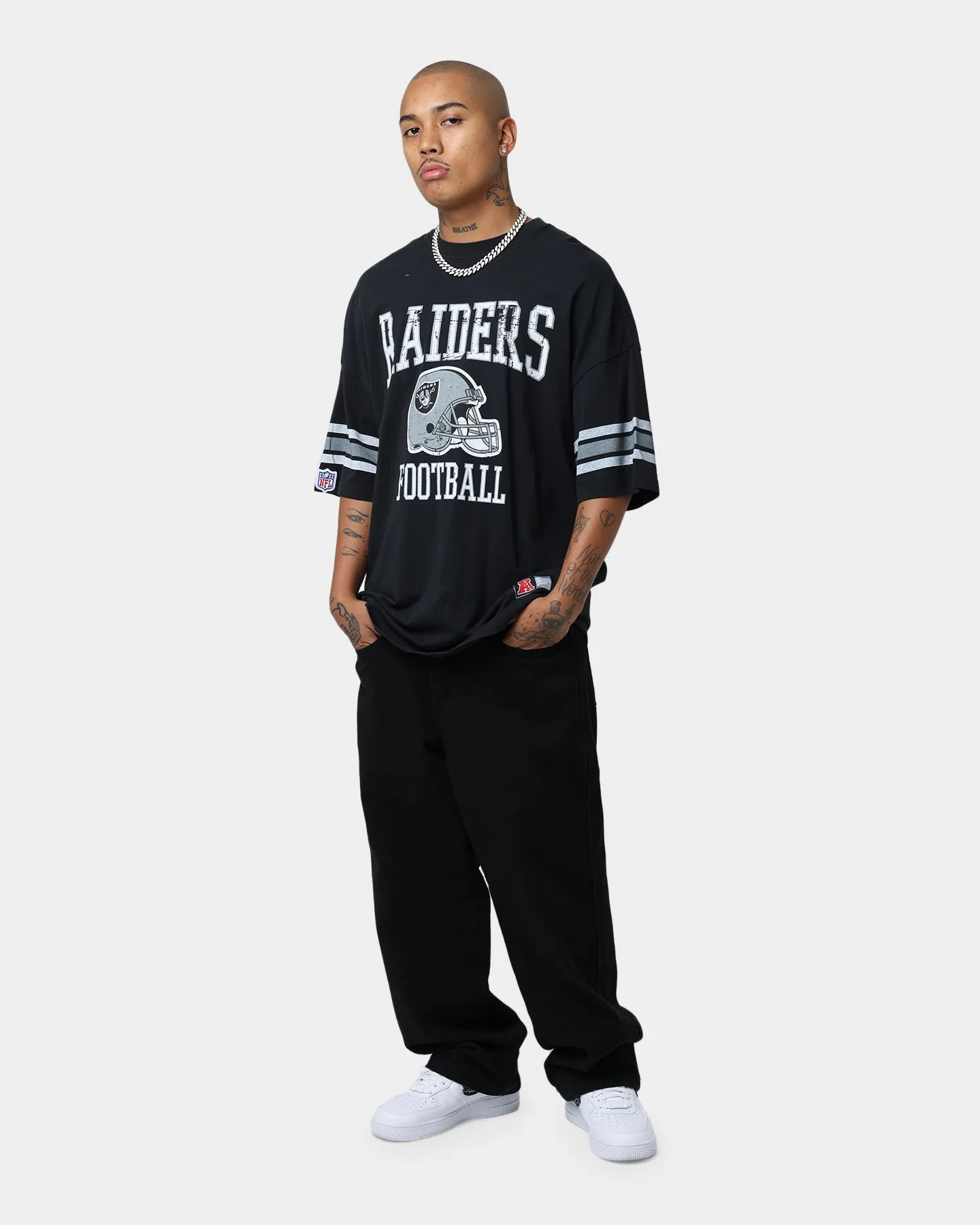 Majestic Athletic Las Vegas Raiders Vintage Sports Stripe Sleeve T-Shirt Faded Black