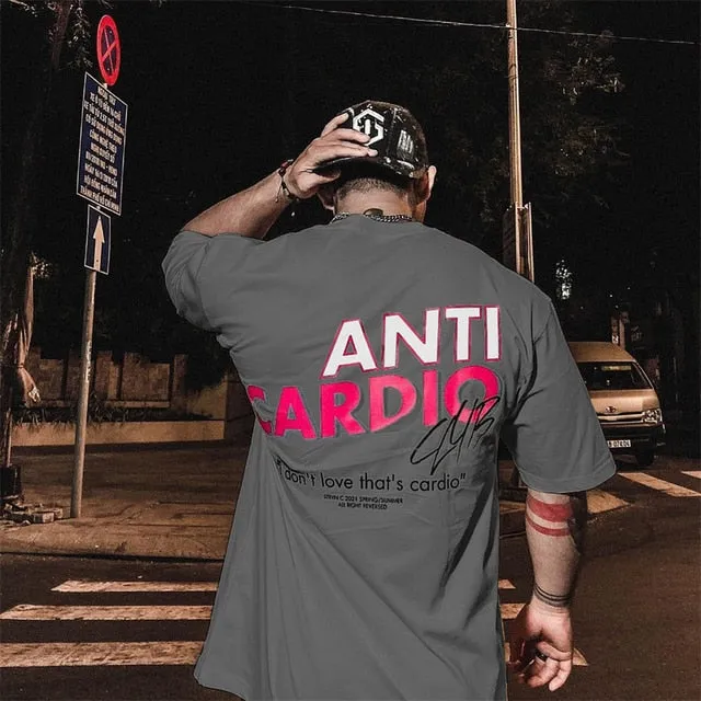 Men crew neck oversized gym t-shirt ANTI CARDIO workout t shirt gym t -shirt fitness shirt bodybuilding t-shirt