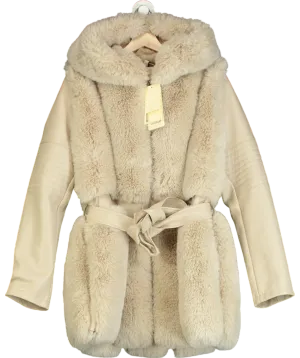 mochy Beige Belted Faux Leather & Fur Coat UK 14