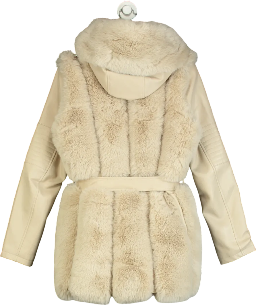 mochy Beige Belted Faux Leather & Fur Coat UK 14