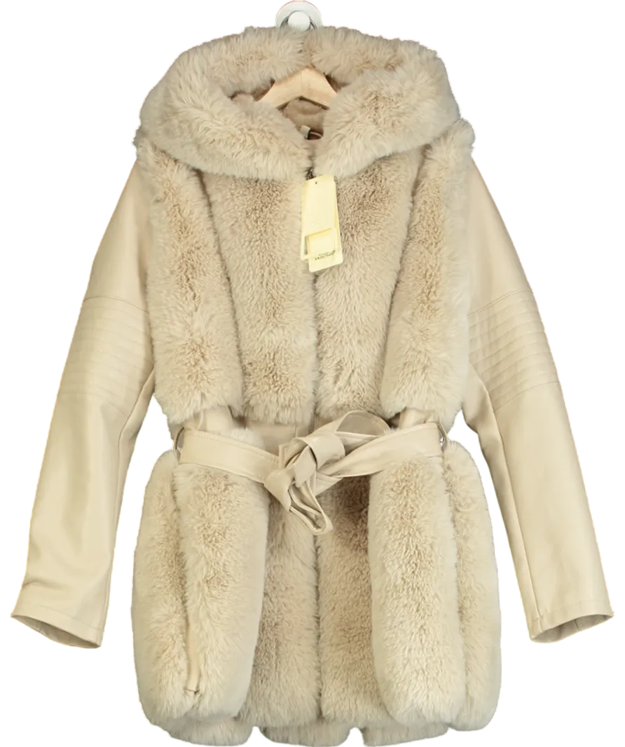 mochy Beige Belted Faux Leather & Fur Coat UK 14