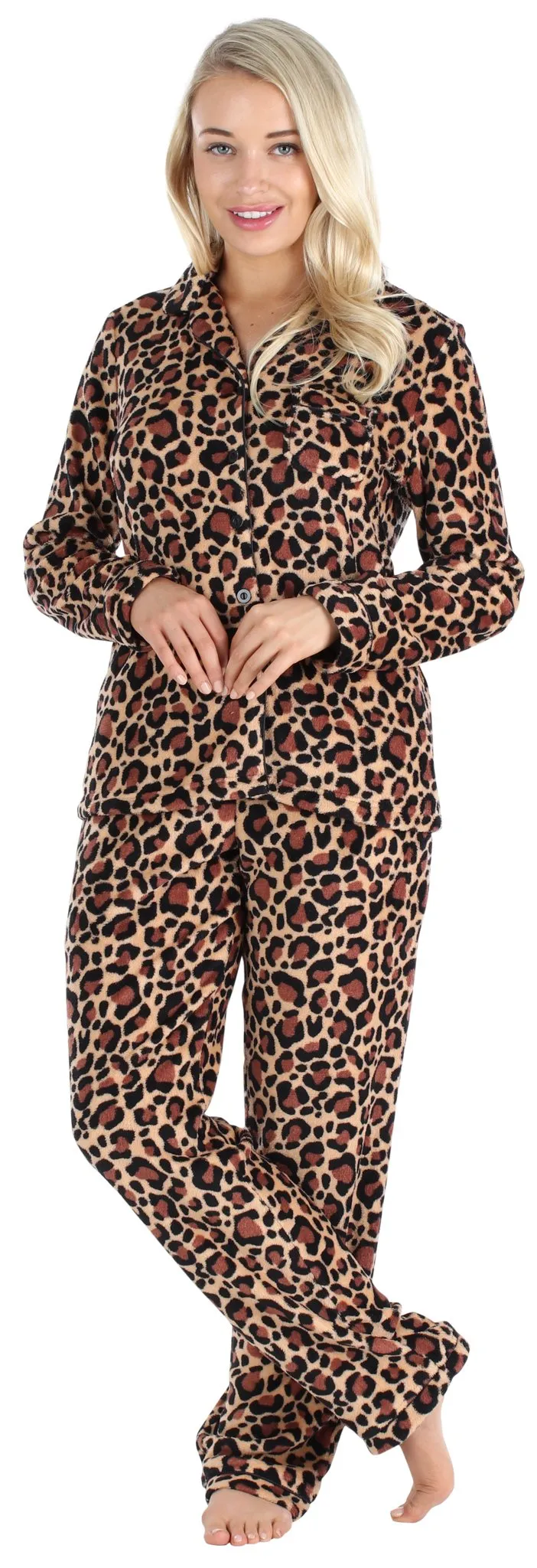 PajamaMania Women’s Plush Fleece Long Sleeve 2-Piece Button-Down Pajamas