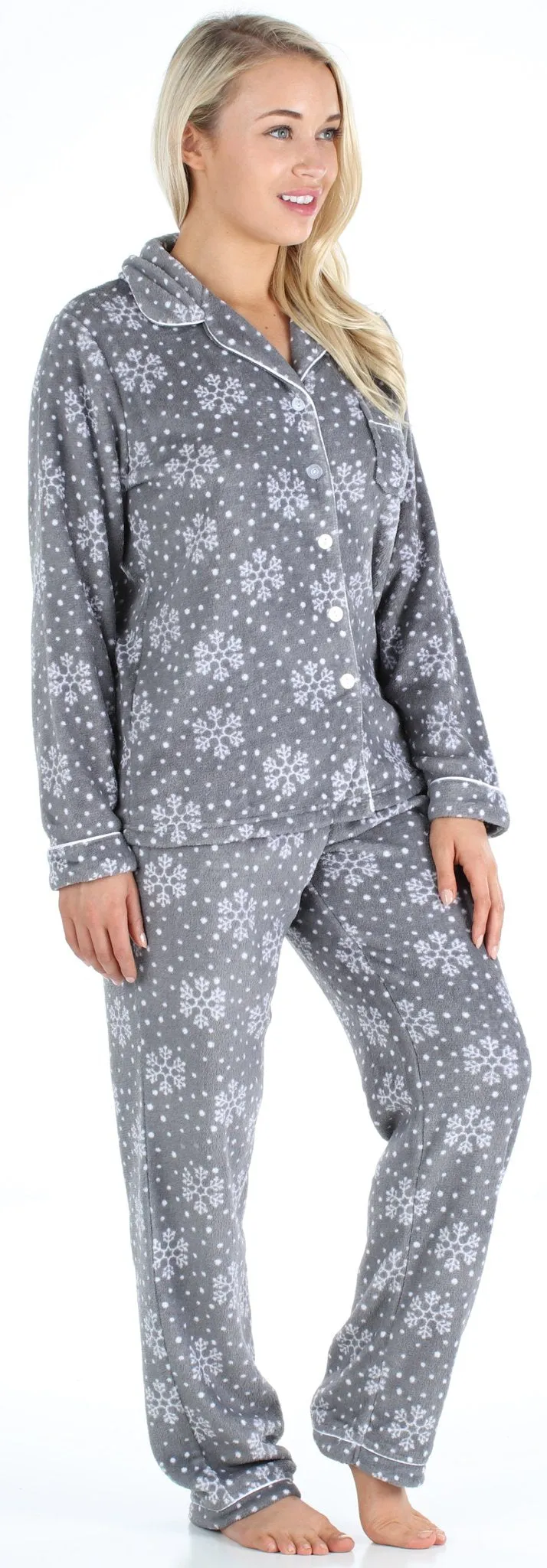 PajamaMania Women’s Plush Fleece Long Sleeve 2-Piece Button-Down Pajamas