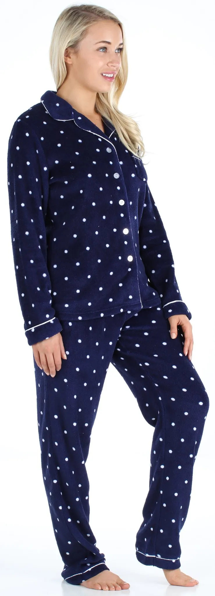 PajamaMania Women’s Plush Fleece Long Sleeve 2-Piece Button-Down Pajamas