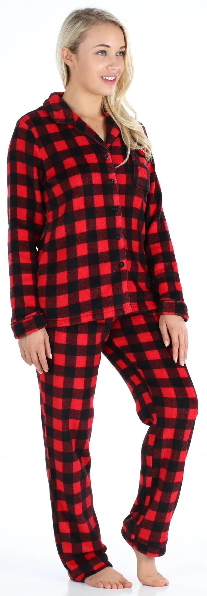 PajamaMania Women’s Plush Fleece Long Sleeve 2-Piece Button-Down Pajamas