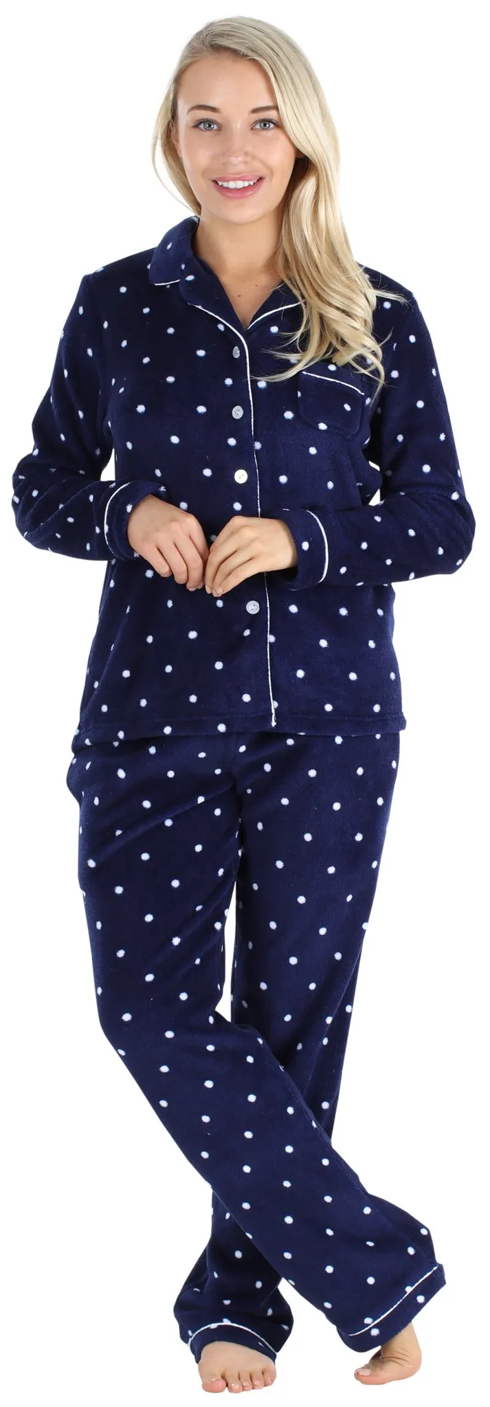 PajamaMania Women’s Plush Fleece Long Sleeve 2-Piece Button-Down Pajamas