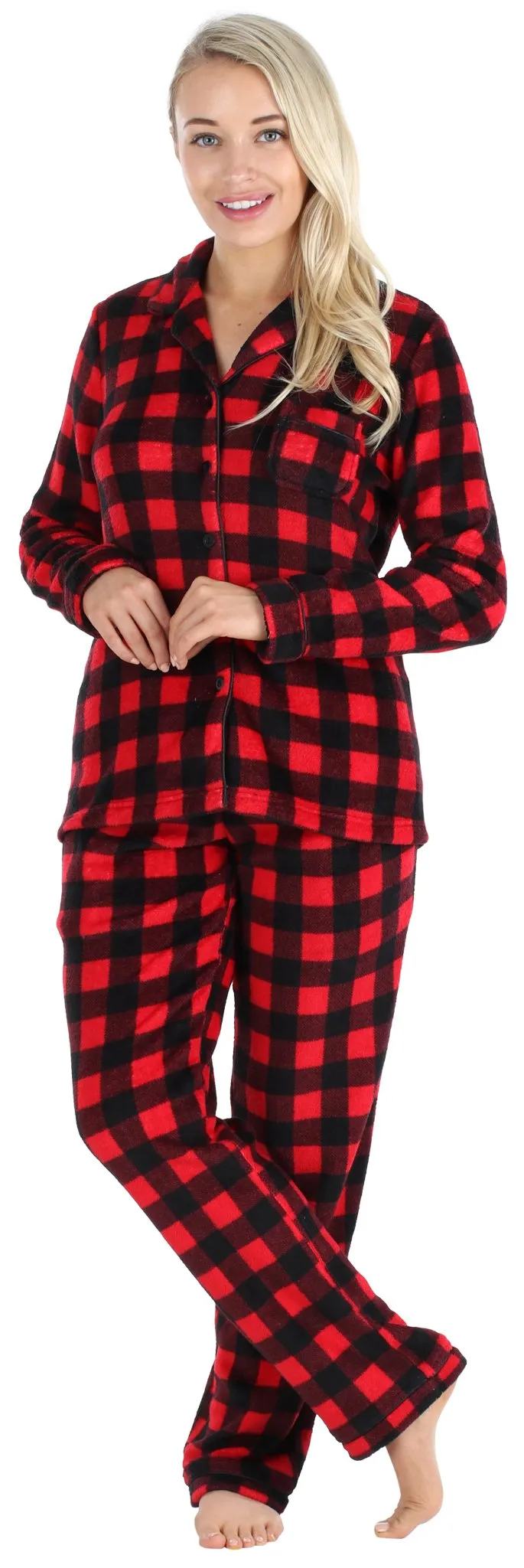 PajamaMania Women’s Plush Fleece Long Sleeve 2-Piece Button-Down Pajamas