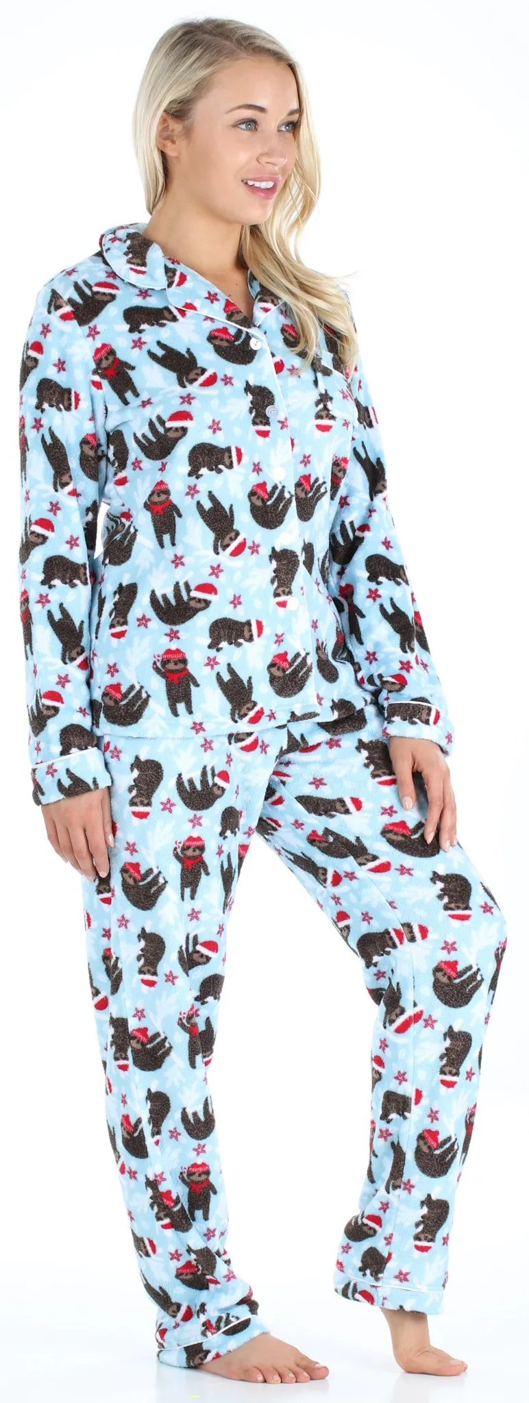 PajamaMania Women’s Plush Fleece Long Sleeve 2-Piece Button-Down Pajamas