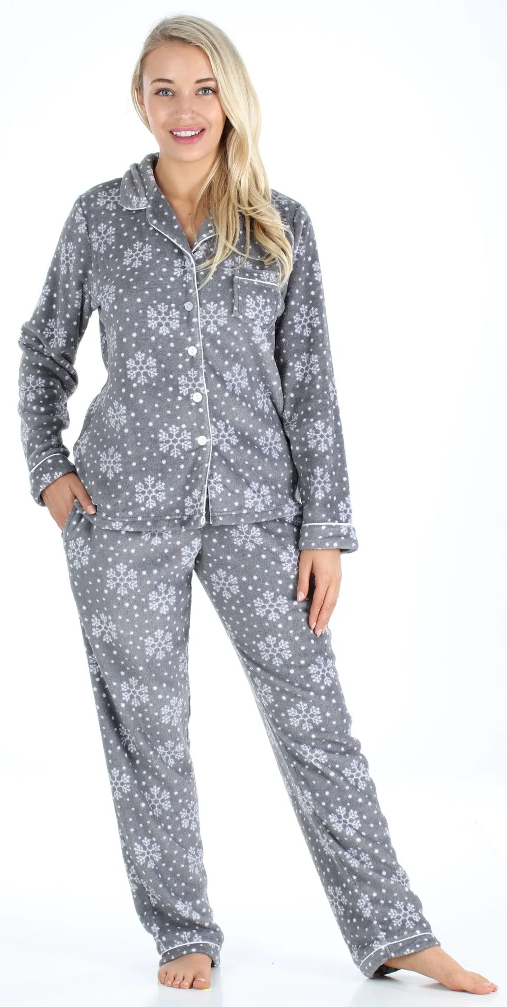 PajamaMania Women’s Plush Fleece Long Sleeve 2-Piece Button-Down Pajamas
